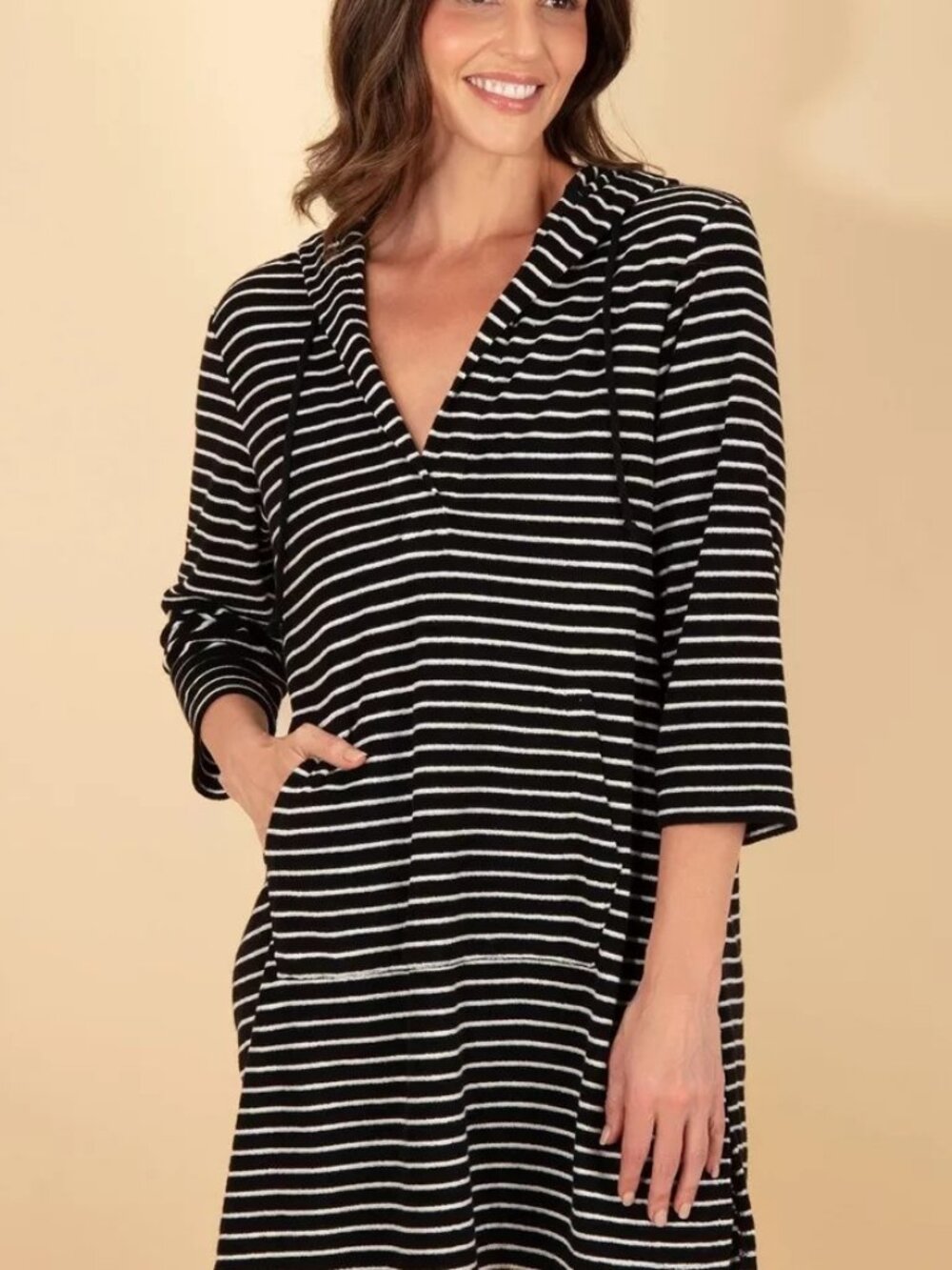 NEW Lands' End Striped Hooded Drawstring Cover Up - Black/White - Size M